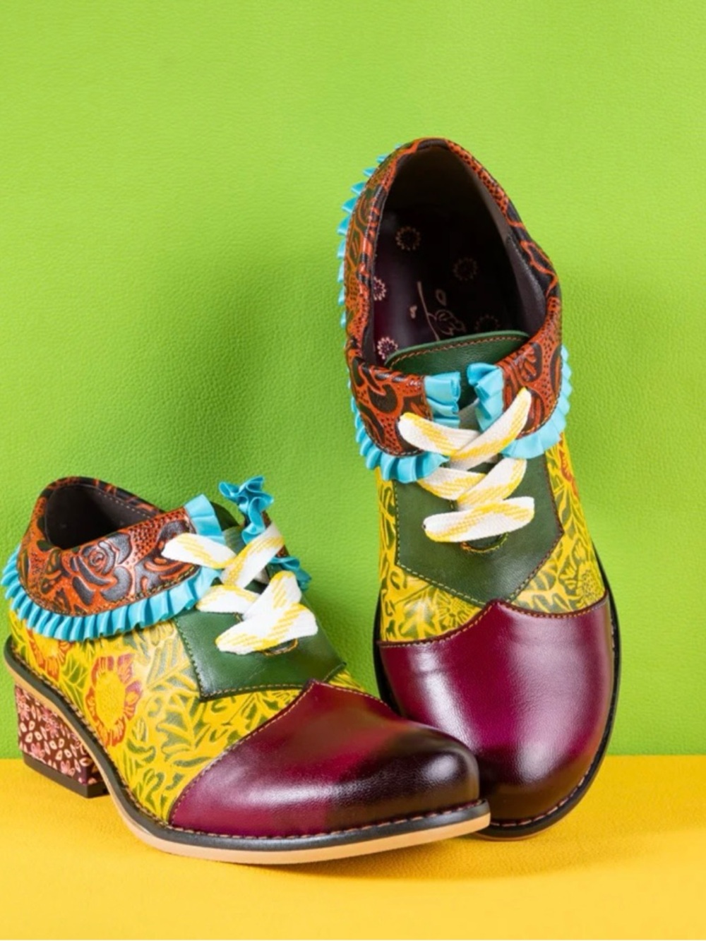 Multicolor Women's Ruffle-Trim Loafers - Burgundy, Green & Turquoise